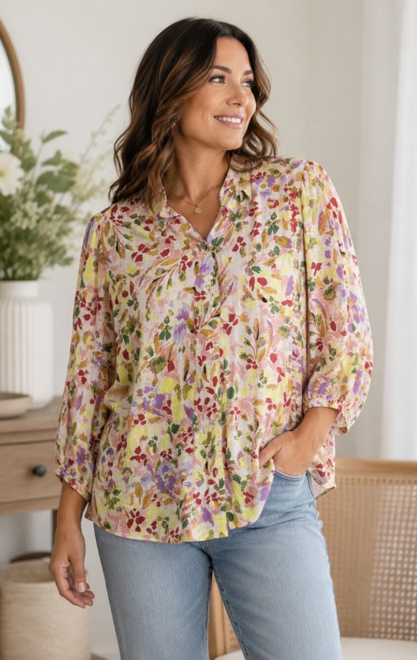 Lauren Conrad floral 3/4 sleeve button front spring summer top boho floral XL